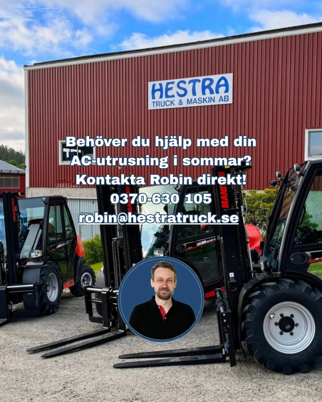 Två gaffeltruckar framför en byggnad med Hestra-skylt.