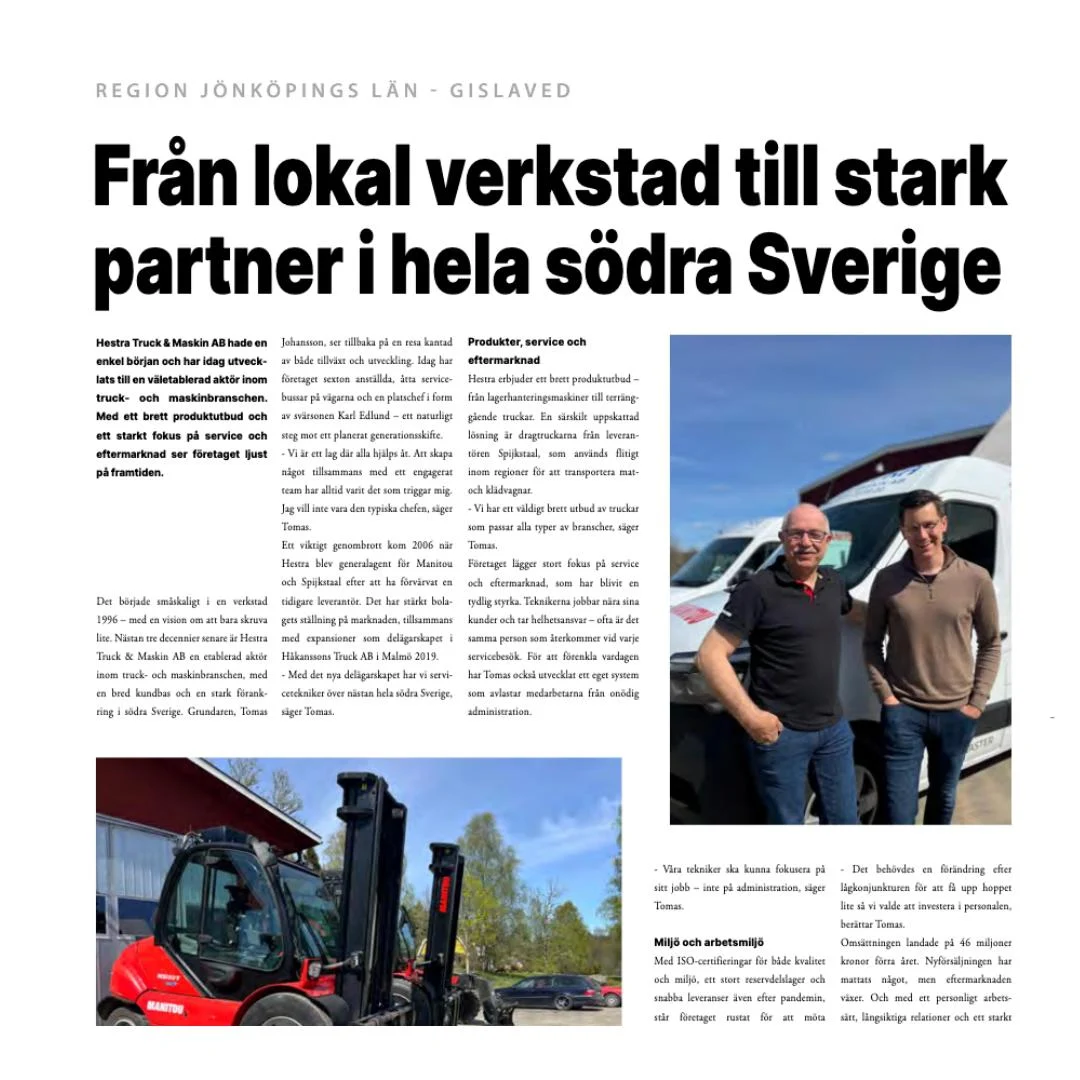 En svensk tidningsartikel med rubriken "Från lokal verkstad till stark partner i hela södra Sverige" visar två män som står bredvid ett fordon i en utomhusmiljö.