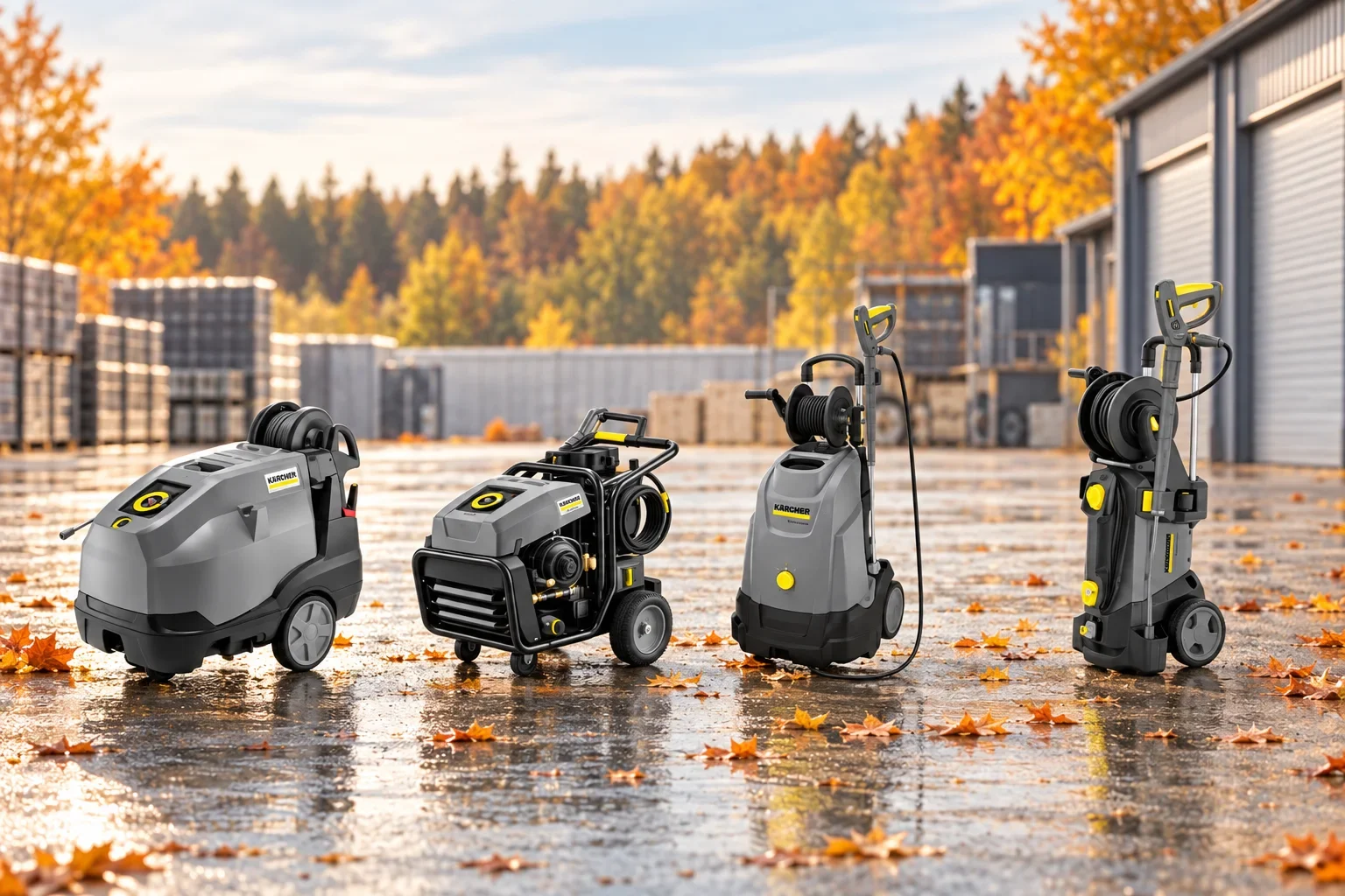 Fyra Kärcher Professional-högtryckstvättar på en höstig gård: HDS 12/18-4 SXA, HDS 9/20-4 M Classic, HDS 5/15 UX och HD 5/15 CX
